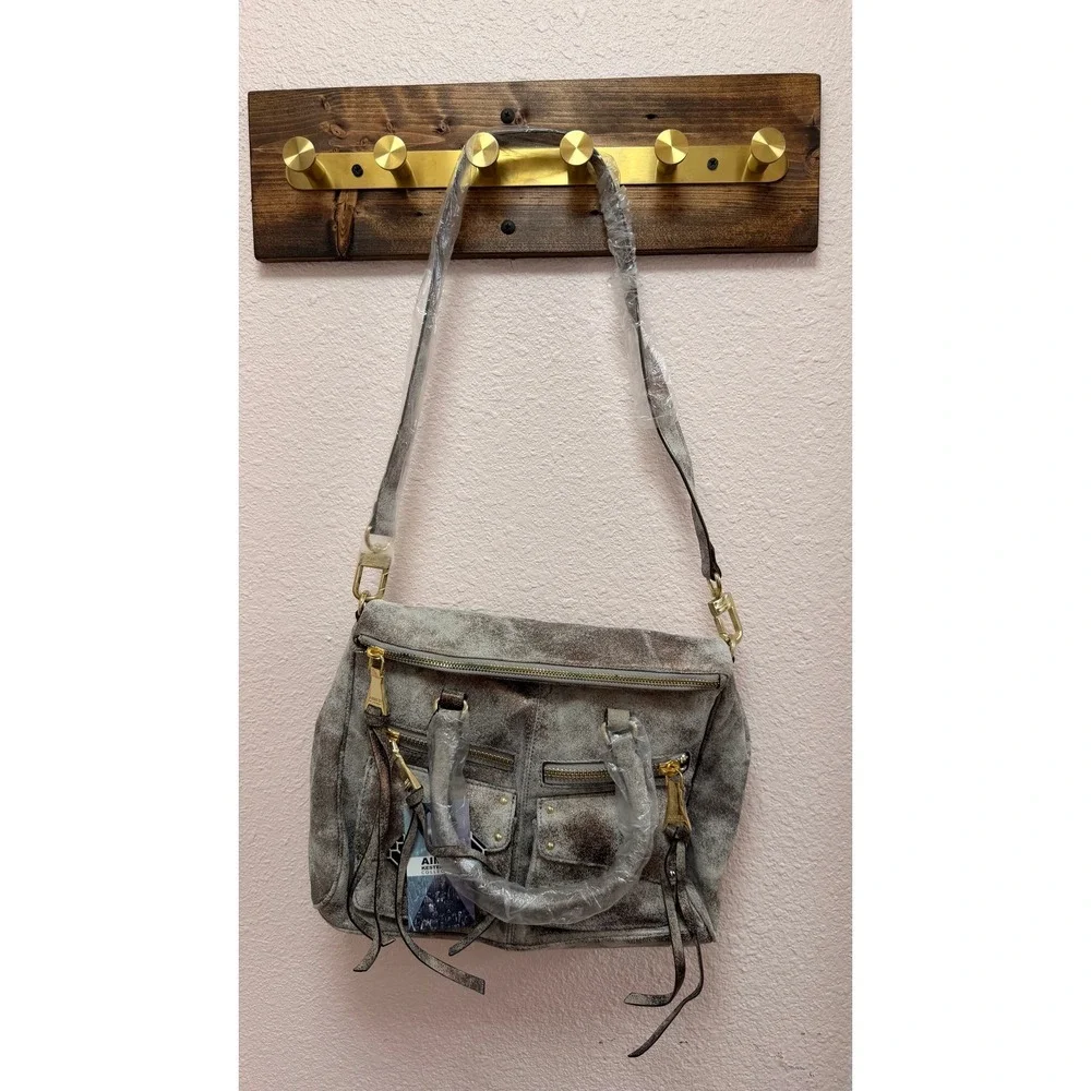 Aimee Kestenberg Women Riviera Satchel Gunmetal Leather Distressed Metallic